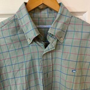 Southern Tide Dress Shirt Mens M Green Blue Plaid Button Up